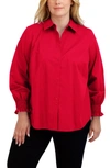 Foxcroft Olivia Smocked Cuff Cotton Blend Button-up Shirt In Simply Red