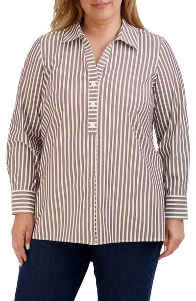 Foxcroft Pamela Stripe Stretch Tunic Blouse In Brown