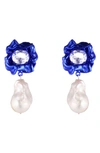 Sterling King Lola Floral Baroque Pearl Drop Earrings In Cobalt