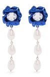 Sterling King Lola Floral Freshwater Pearl Drop Earrings In Cobalt