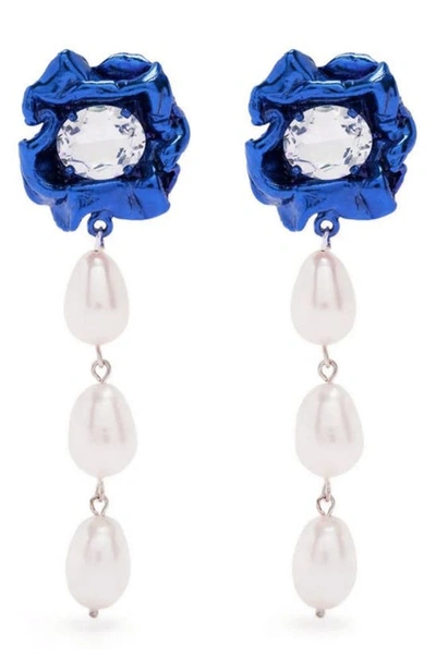 Sterling King Lola Floral Freshwater Pearl Drop Earrings In Cobalt