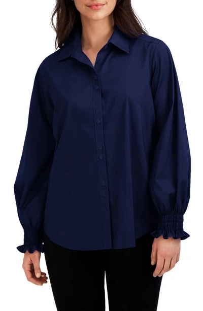 Foxcroft Olivia Ruffle Cuff Blouse In Navy