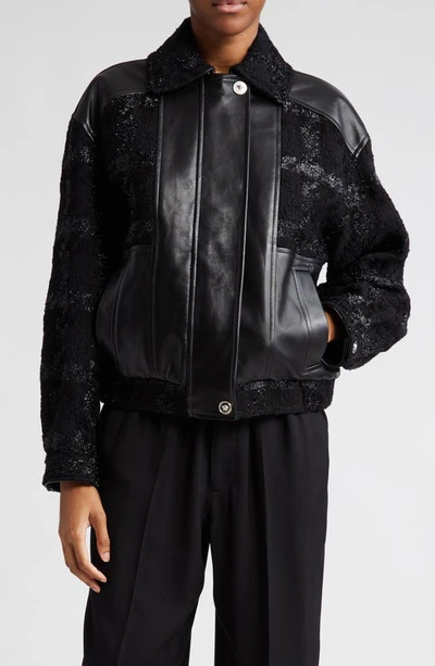 Versace Glitter-detail Leather Bomber Jacket In 1b000 Black