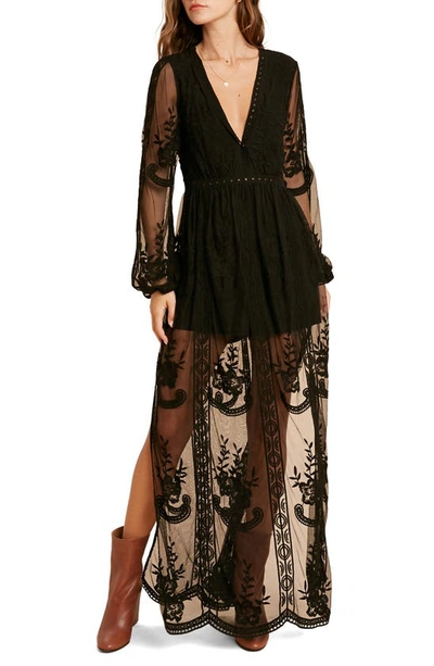 Wishlist Floral Embroidered Long Sleeve Maxi Dress In Black