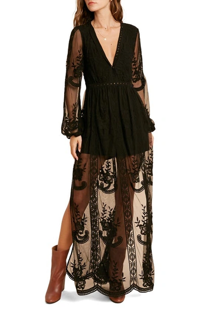 Wishlist Floral Embroidered Long Sleeve Maxi Dress In Black | ModeSens