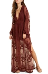 Wishlist Floral Embroidered Long Sleeve Maxi Dress In Burgundy