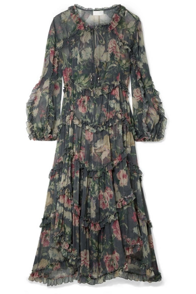 Zimmermann Iris Ruffled Floral-print Silk-crepon Midi Dress In Grey