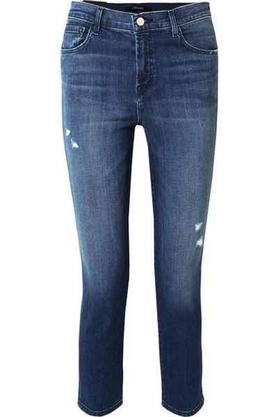 J Brand Ruby Cropped Distressed High-rise Slim-leg Jeans In Mid Denim