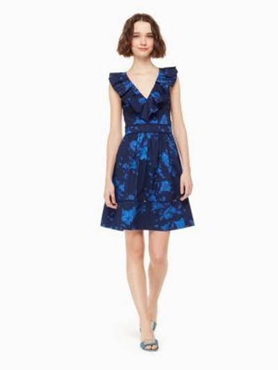 Kate Spade Hibiscus Ruffle Neck Cotton Poplin Dress In French Navy