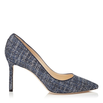 Jimmy Choo Bridget 85 Navy Metallic Tweed Round Toe Pumps