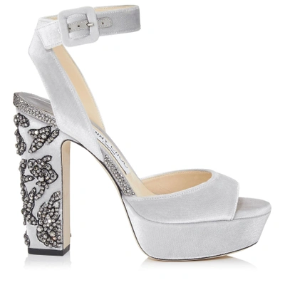 Jimmy Choo Juliet 120 Silver Velvet Platform Sandals With Peony Crystal Embroidery