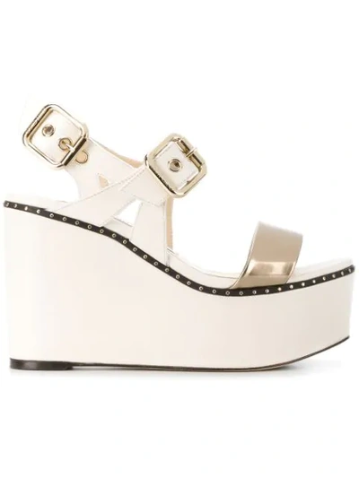 Jimmy Choo Alton 100 Chalk Vacchetta And Gold Liquid Mirror Leather Wedges In White