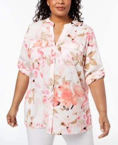 Calvin Klein Plus Size Floral-print Utility Shirt In White/latte