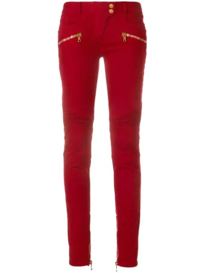 Balmain Denim Biker Jeans In Red