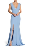 Dress The Population Sandra Plunge Crepe Trumpet Gown In Ice Blue