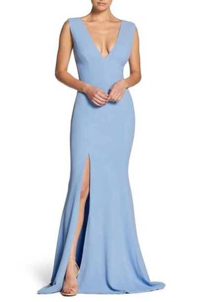 Dress The Population Sandra Plunge Crepe Trumpet Gown In Ice Blue