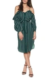 Bardot Paloma Off The Shoulder Dress In Teal Stripe