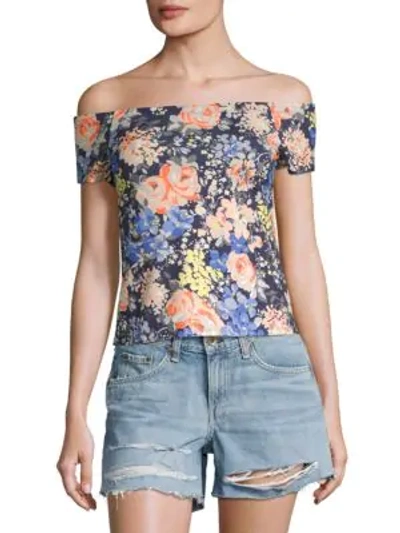 Rebecca Taylor Gigi Floral Off-the-shoulder Jersey Top In Navy Combo