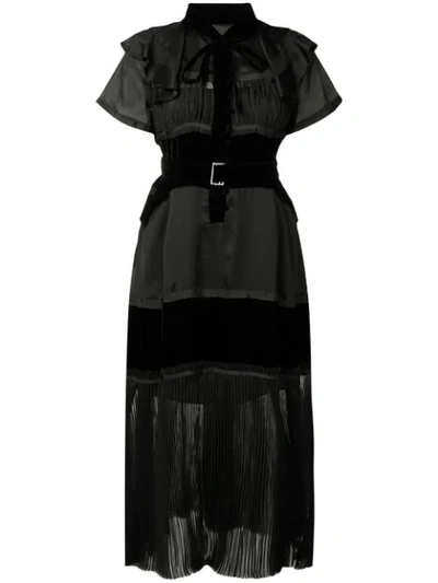 Sacai Short-sleeve Satin Chiffon & Velvet Mixed-media Boho Long Dress In Black