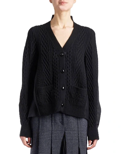 Sacai V-neck Button-front Cable-knit Cardigan With Combo Sides In Black
