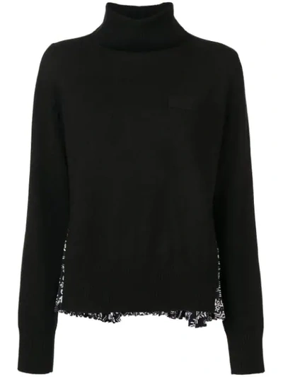 Sacai Turtleneck Wool Sweater With Bandana-print Pleated Back In Black