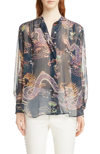 Isabel Marant Long-sleeve Button-front Dragon-print Silk Blouse In Blue