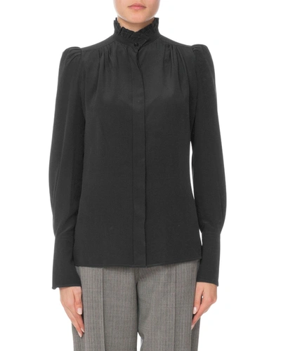 Isabel Marant Long-sleeve High-neck Button-front Silk Top, Black