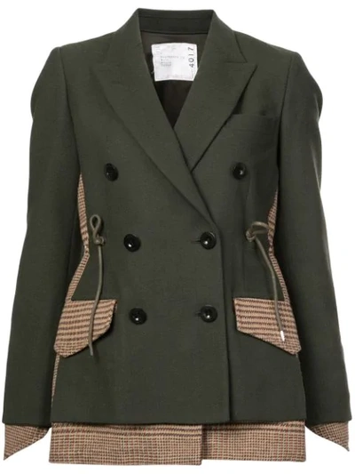 Sacai Double-breasted Wool Coat With Plaid Combo In Army Green