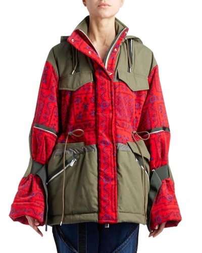 Sacai Hooded Bandana-motif Two-tone Oversized Quilted Coat In Red/blue