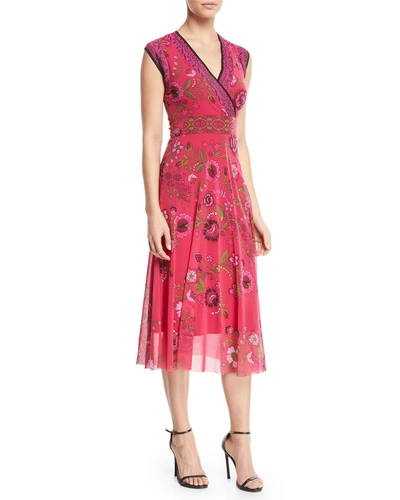 Fuzzi Cap-sleeve Floral-print Dress With Reversible Neckline In Petunia