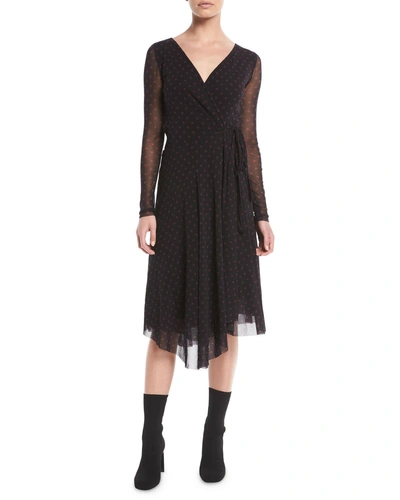 Fuzzi Dot-print Tulle Long-sleeve Wrap Dress In Vino