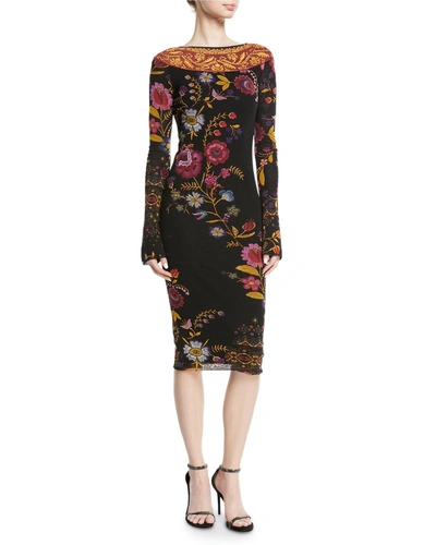 Fuzzi Fitted Long-sleeve Floral-print Dress In Nero