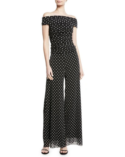 Fuzzi Dotted Tulle Off-the-shoulder Jumpsuit In Nero