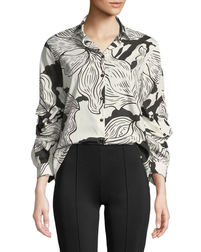 Fuzzi Ruched-sleeve Printed Button-front Shirt In Coco