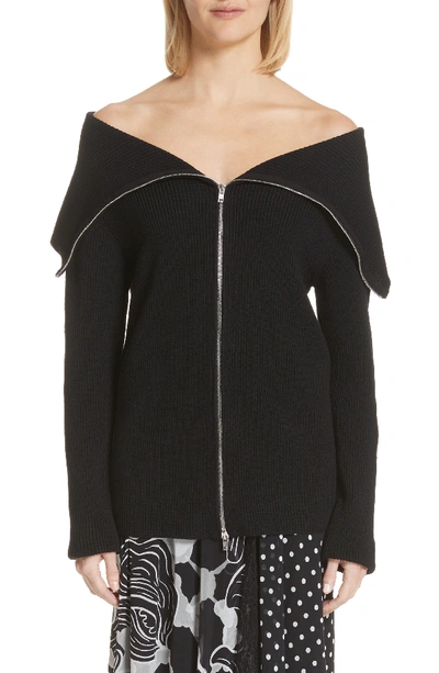 Fuzzi Front-zip Off-the-shoulder Sweater In Nero