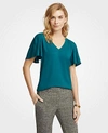 Ann Taylor Petite V-neck Flutter Sleeve Top In Winter Emerald