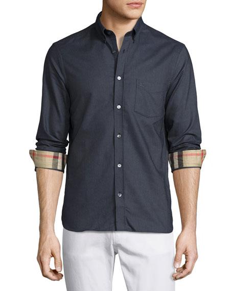 Burberry Long-sleeve Oxford Shirt W/check Revers, Charcoal | ModeSens