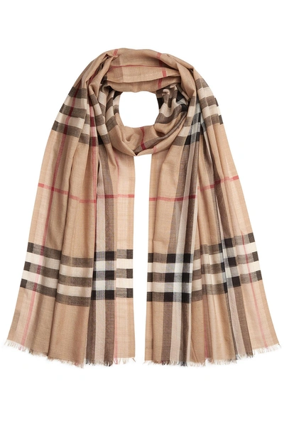 Burberry Giant Check Gauze Scarf In Wool-silk In Camel | ModeSens