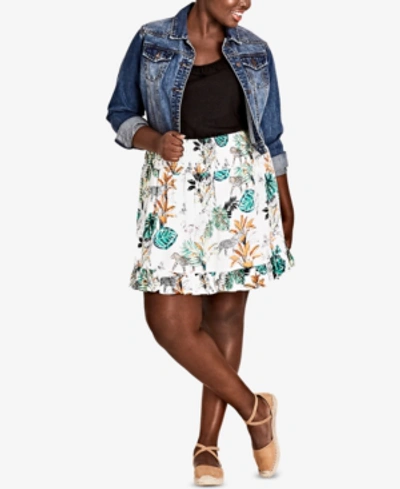 City Chic Trendy Plus Size Ruffled Jungle-print Skirt