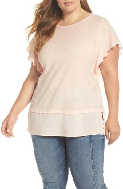 Vince Camuto Ruffle Sleeve Mixed Media Top In French Peach
