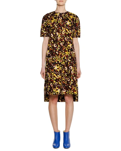 Marni Short-sleeve Crewneck A-line Printed Cotton Woven Dress In Multi Pattern
