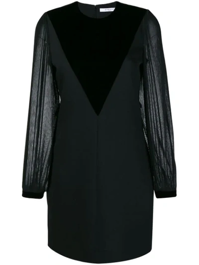 Givenchy Velvet V-front Sheer Long-sleeve Wool Cocktail Dress In Black