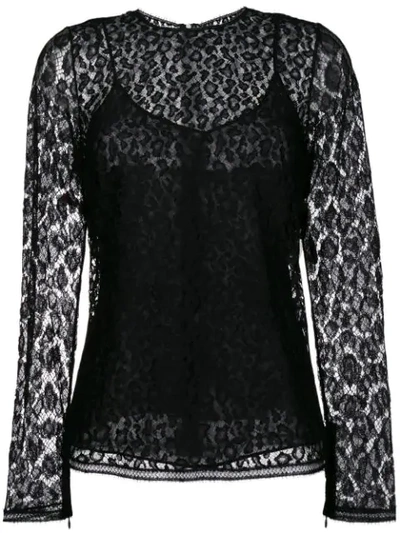 Givenchy Crewneck Long-sleeve Fitted Sheer Leopard Lace Top In Black