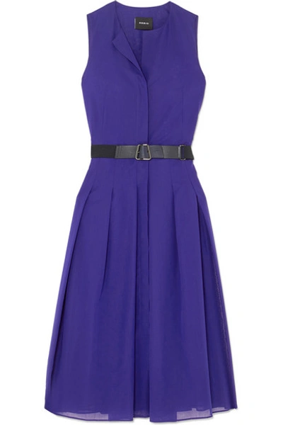 Akris Cap-sleeve Button-placket Belted Cotton Voile Midi Dress In Blue