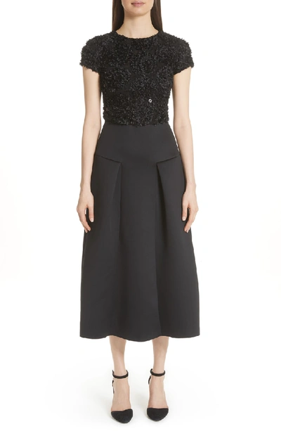 Emporio Armani Cap-sleeve Fit-and-flare Cocktail Dress W/ Embellished Top & Neoprene Skirt In Black
