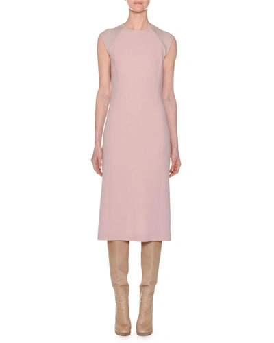 Agnona Crewneck Sleeveless Fitted Wool Crepe Dress W/ Knit Details In Light Pink