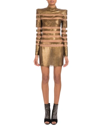 Balmain Long-sleeve Mock-neck Striped Mesh Metal Cocktail Dress On Tulle In Gold