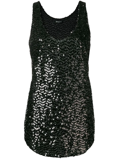 Balmain Sleeveless Scoop-neck Paillettes Sequin Top In Black