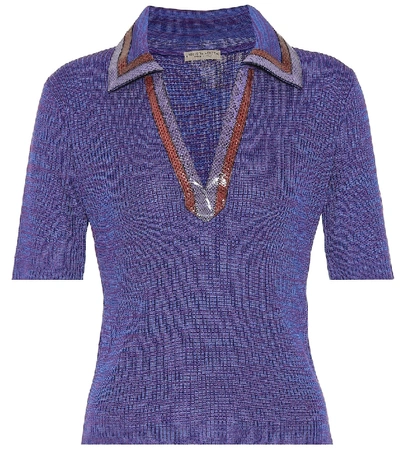 Bottega Veneta Short-sleeve V-neck Cropped Ribbed-knit Polo Top With Snakeskin Trim Collar In Purple