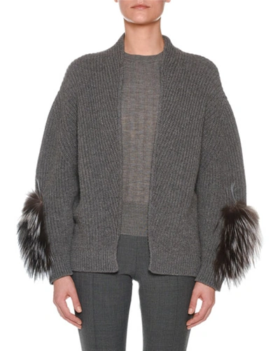 Agnona Open-front Cashmere Ribbed Cardigan W/ Fox Fur Sleeve Patches In Gray
